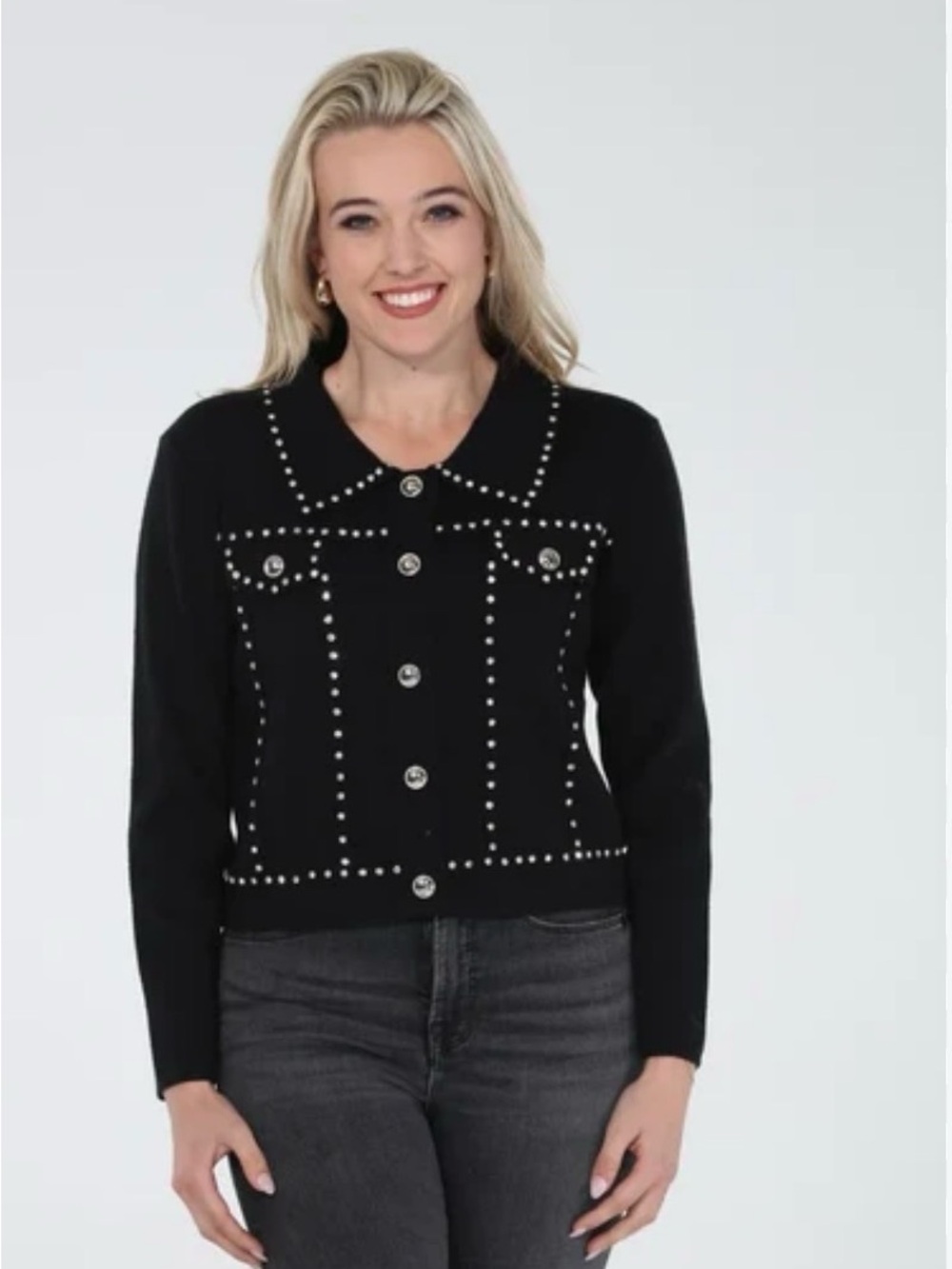 Black Stud-Trim Button Crop Jacket